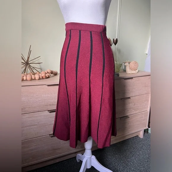 Maroon Black Pleated High-Waist Sweater Stretch Modest Midi Knee-Length Skirt S - Picture 11 of 16